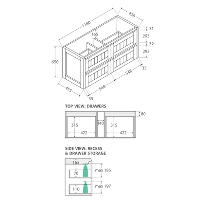 Fienza Hampton Satin White 1200 Wall Hung Cabinet, 4 Internal Drawers ,