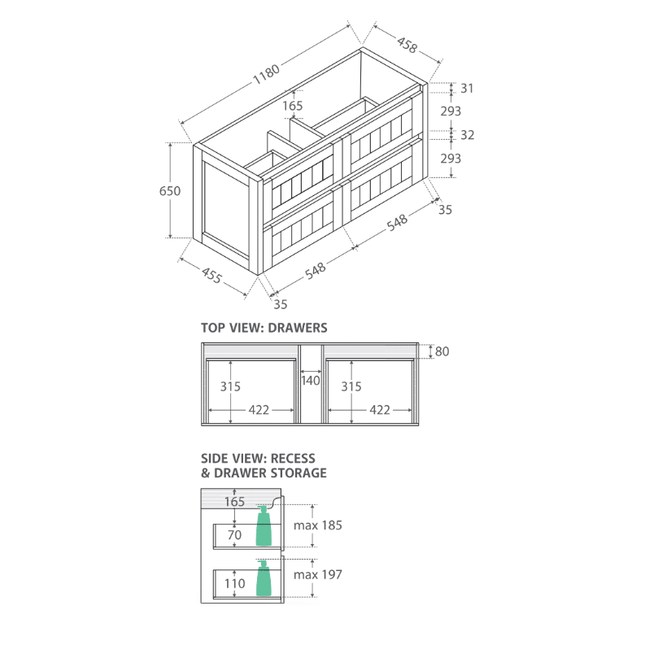 Fienza Hampton Satin White 1200 Wall Hung Cabinet, 4 Internal Drawers ,