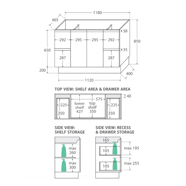 Fienza Fingerpull Satin Black 1200 Cabinet on Kickboard, Solid Doors ,