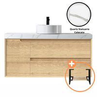 Otti Bruno Series Wall Hung Vanity with 4 Drawers Soft Close Doors Natural Oak 1490W X 550H X 460D , WIth 60mm Stone Top - Quartz Statuario Calacata With 1500mm Leg