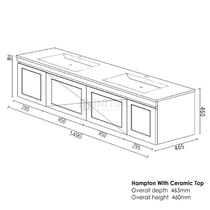 Hampton Mark ll Wall Hung Vanity Matt Grey 2 Soft Closing Shaker Drawers and Doors 1500W X 455D X 445H ,