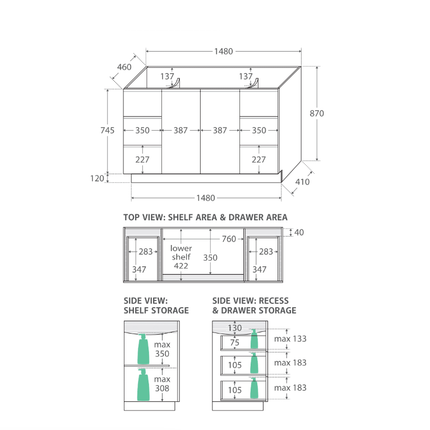 Fienza Fingerpull Gloss White 1500 Cabinet on Kickboard, Solid Doors ,