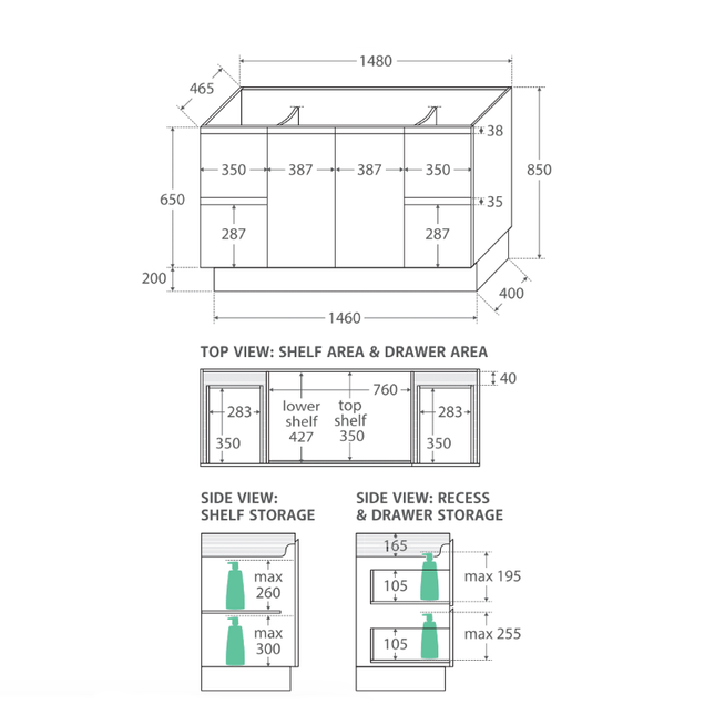 Fienza Fingerpull Satin Black 1500 Cabinet on Kickboard, Solid Doors ,