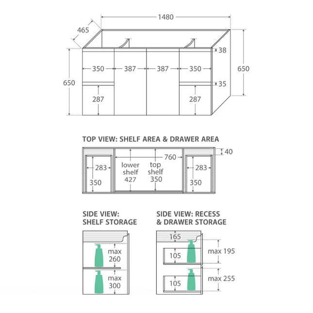 Fienza Fingerpull Satin White 1500 Wall Hung Cabinet, Solid Doors ,