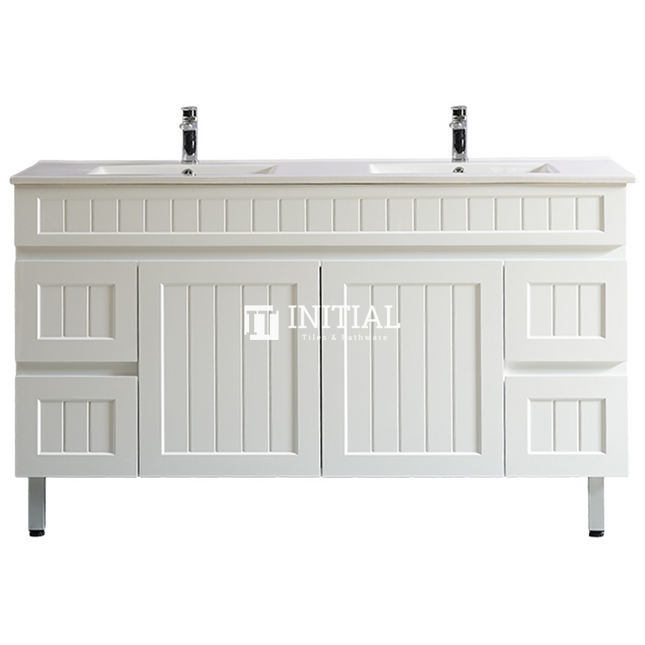 Modern Shaker Matt White Freestanding Floor Vanity Cabinet & Ceramic Top Double Bowl 1500X460X860 ,