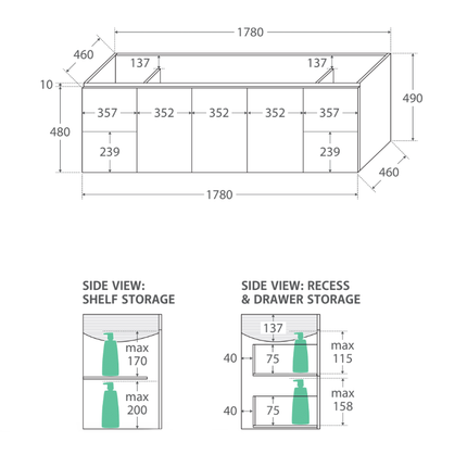 Fienza UniCab Gloss White 1800 Wall Hung Cabinet, Solid Doors ,