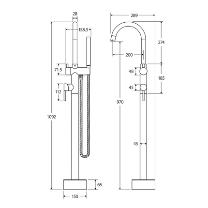 Kaya Floor Mounted Bath Mixer with Hand Shower Brushed Nickel ,