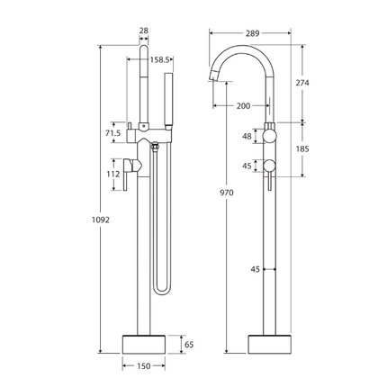 Hustle Floor Mounted Bath Mixer with Hand Shower Matte Black ,
