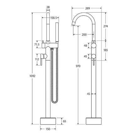 Kaya Floor Mounted Bath Mixer with Hand Shower Gun Metal ,