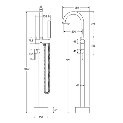Kaya Floor Mounted Bath Mixer with Hand Shower Urban Brass ,