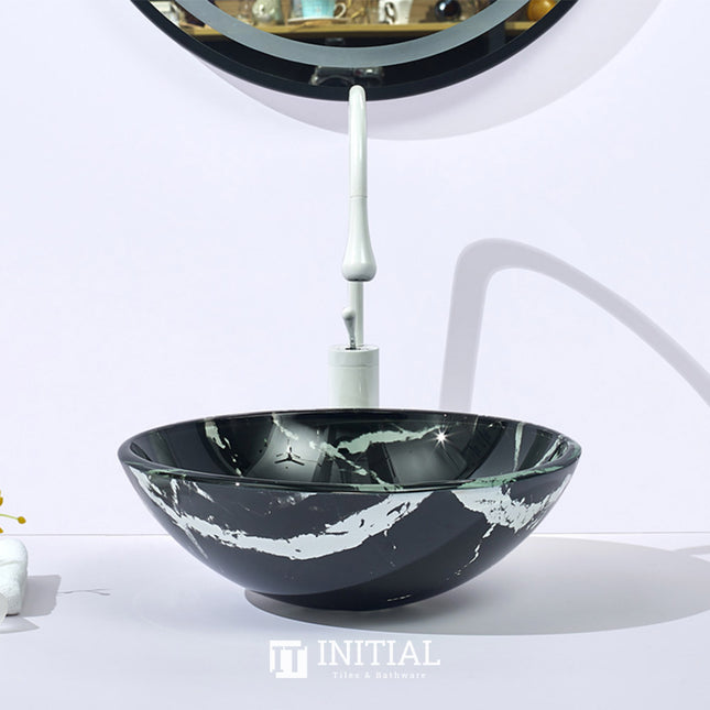 Above Counter Tempered Glass Basin Black Round Art Basin 420x420x145 ,