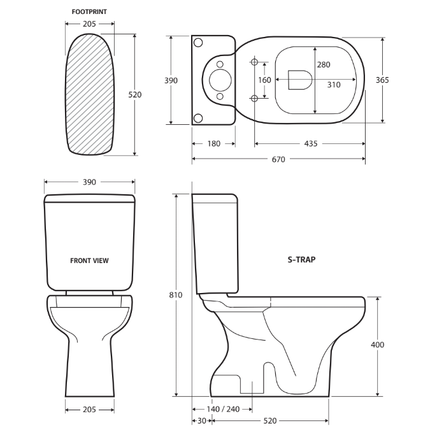 Fienza Rak Liwa Close Coupled Toilet Suite, Gloss White, S-Trap 240 ,