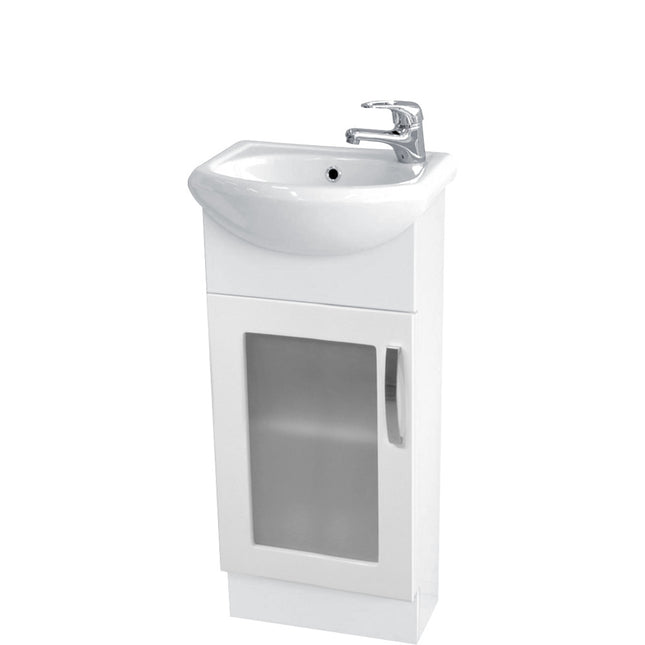 Fienza Gloss White Antonio 400 Vanity On Kick, Glass Door, 1 Tap Hole ,