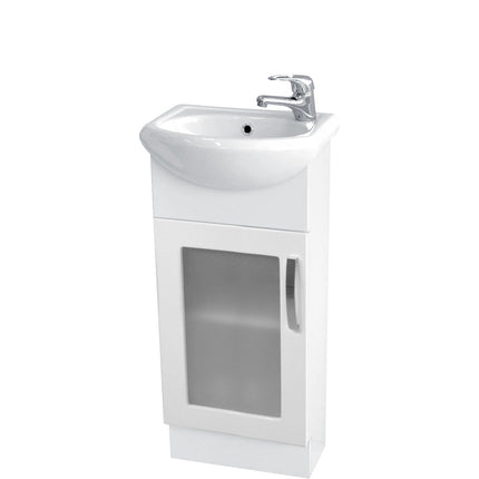 Fienza Gloss White Antonio 400 Vanity On Kick, Glass Door, 1 Tap Hole ,