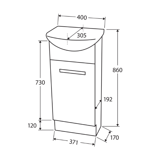 Fienza Gloss White Antonio 400 Vanity On Kick, Solid Door, 1 Tap Hole ,