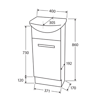 Fienza Gloss White Antonio 400 Vanity On Kick, Solid Door, 1 Tap Hole ,