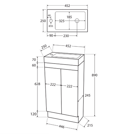 Fienza Denzel 450 Ensuite Gloss White Vanity On Kick, 1 Tap Hole ,