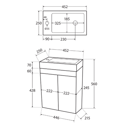 Fienza Denzel 450 Ensuite Gloss White Wall Hung Vanity, 1 Tap Hole ,
