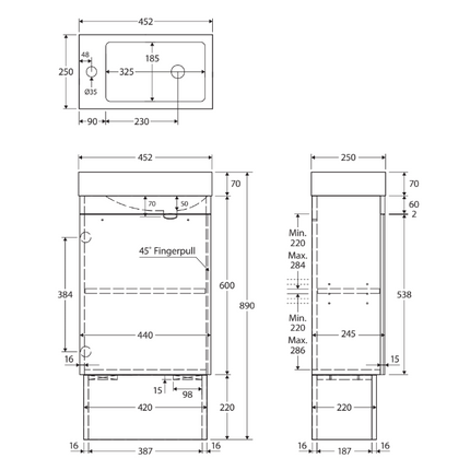Fienza Denzel Edge 450 Ensuite Vanity On Kick, Scandi Oak, 1 Tap Hole ,