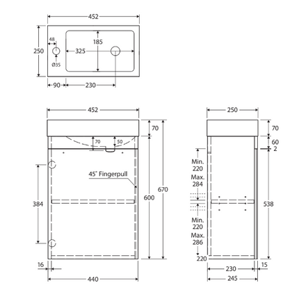 Fienza Denzel Edge 450 Ensuite Wall Hung Vanity, Scandi Oak, 1 Tap Hole ,