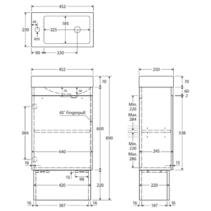 Fienza Denzel Edge 450 Ensuite Vanity On Kick, Industrial, 1 Tap Hole ,