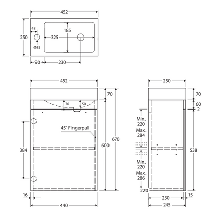 Fienza Denzel Edge 450 Ensuite Wall Hung Vanity, Industrial, 1 Tap Hole ,