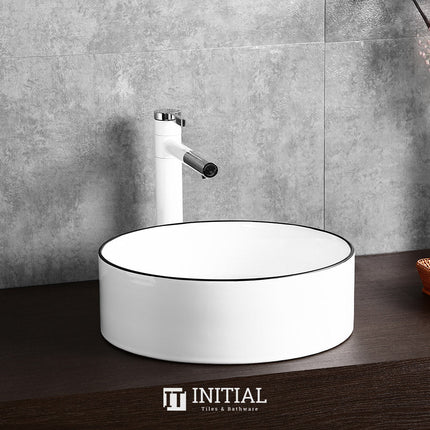 Above Counter Round Basin Skyline Gloss White Black Edge , 360 X 360 X 120 mm