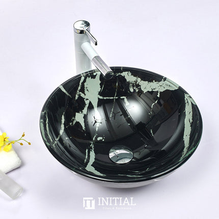 Above Counter Tempered Glass Basin Black Round Art Basin 420x420x145 ,