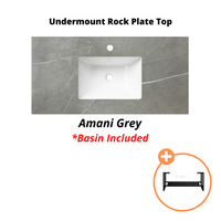 Otti Milano Series Wall Hung Vanity with 2 Drawers Soft Close Doors Matt Black 890W X 550H X 460D , With Undermount Rock Plate Top - Amani Grey With 900mm Leg