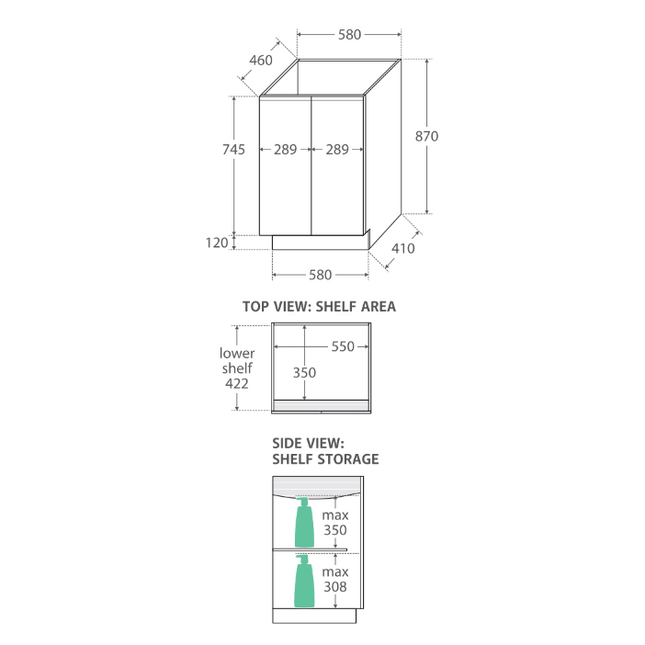 Fienza Fingerpull Gloss White 600 Cabinet on Kickboard, Solid Doors ,