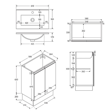 Fienza Siska Slim 600 Satin White Vanity on Kickboard, With Overflow ,