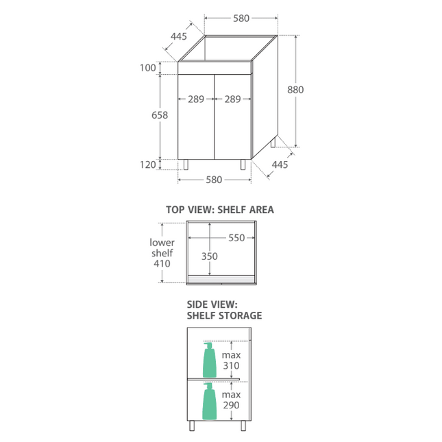 Fienza UniCab 600 Gloss White Cabinet on Legs, Solid Doors ,