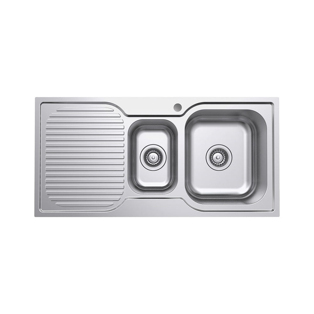 Fienza Tiva 1.5 Stainless Steel Kitchen Sink With Drainer, 980mm, Right Double Bowl ,