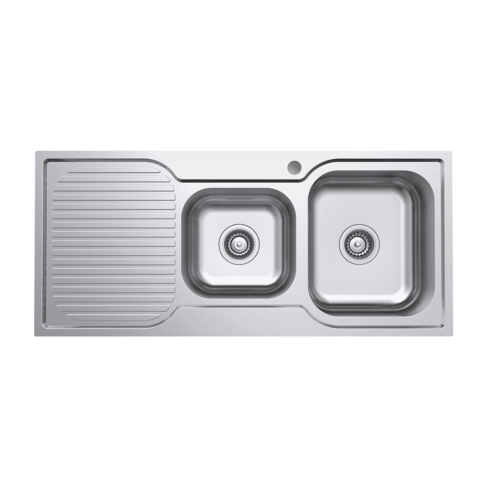 Fienza Tiva 1.75 Stainless Steel Kitchen Sink With Drainer, 1080mm, Right Double Bowl ,