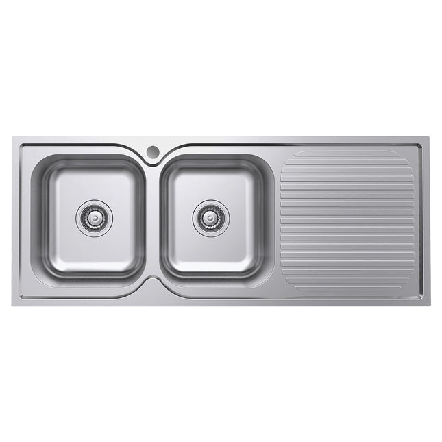 Fienza Tiva Stainless Steel Kitchen Sink With Drainer, 1180mm, Left Double Bowl ,