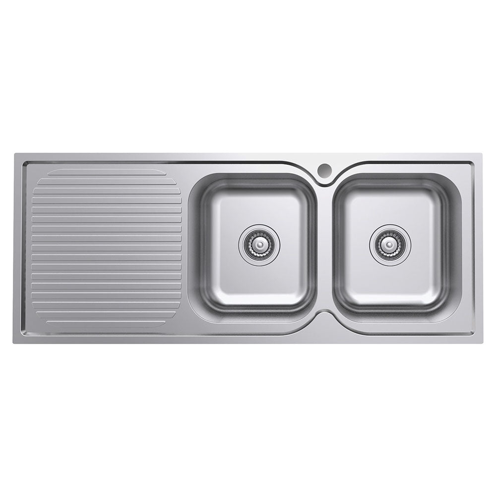 Fienza Tiva Stainless Steel Kitchen Sink With Drainer, 1180mm, Right Double Bowl ,