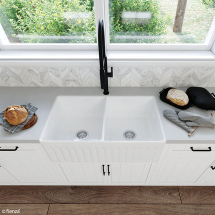 Fienza Charlton Gloss White Butler Kitchen Sink, Double Bowl ,