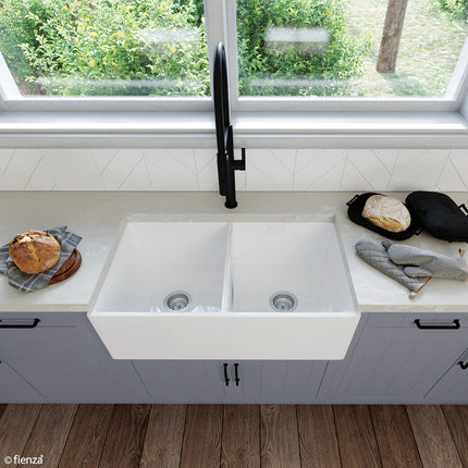 Fienza Charlton Gloss White Butler Kitchen Sink, Double Bowl ,