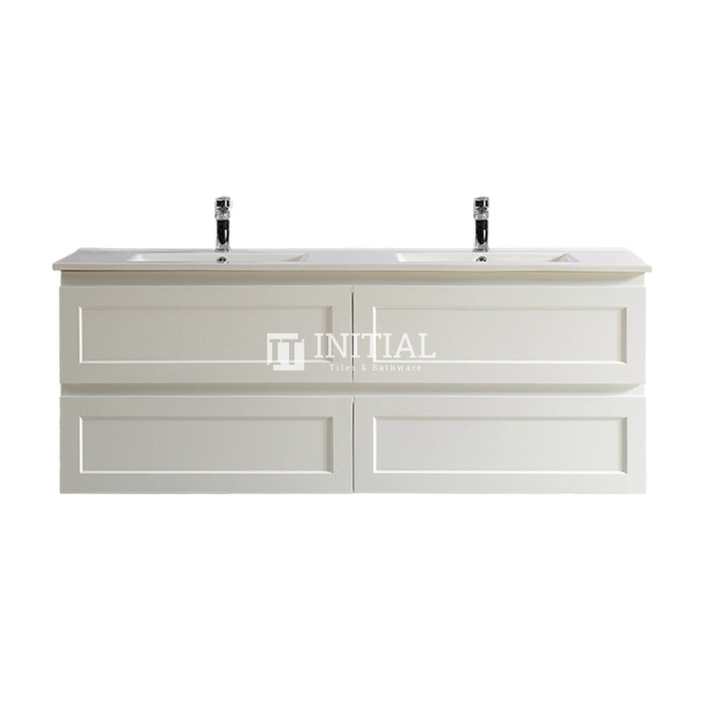 Fremantle Hampton Style Matte White Wall Hung Vanity Cabinet & Ceramic Top Double Bowl 1490W X 450H X 560D ,