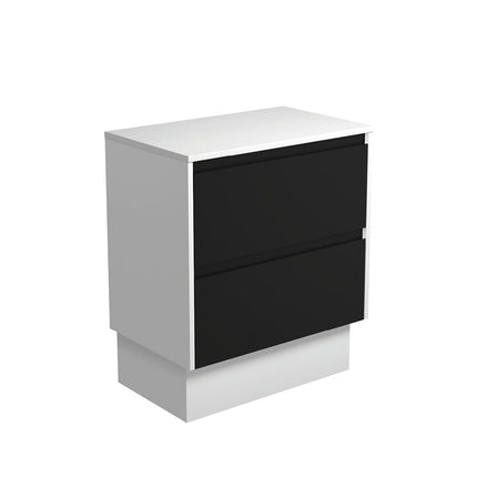 Fienza Amato Satin Black 750 Cabinet on Kickboard, Solid Panels, Bevelled Edge , Cabinet Only Satin White Panels