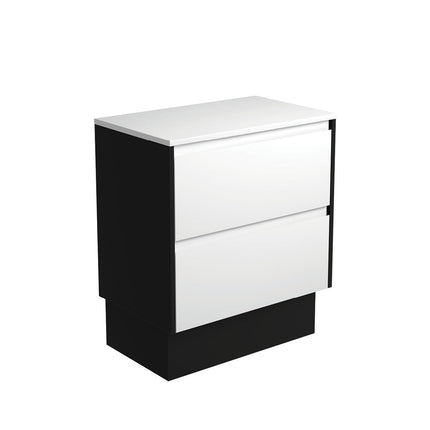 Fienza Amato Satin White 750 Cabinet on Kickboard, Solid Panels, Bevelled Edge , Cabinet Only Satin Black Panels