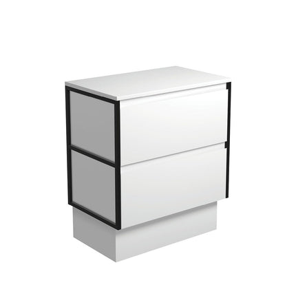 Fienza Amato Satin White 750 Cabinet on Kickboard, Solid Panels, Bevelled Edge , Cabinet Only Matte Black Frames