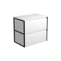 Fienza Amato Satin White 750 Wall Hung Cabinet, Solid Panels, Bevelled Edge , Cabinet Only Matte Black Frames
