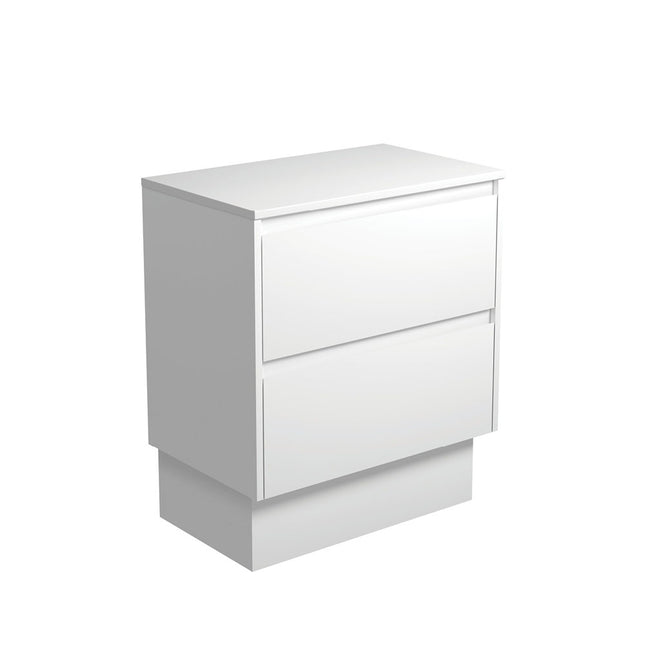 Fienza Amato Satin White 750 Cabinet on Kickboard, Solid Panels, Bevelled Edge , Cabinet Only Satin White Panels