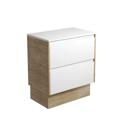 Fienza Amato Satin White 750 Cabinet on Kickboard, Solid Panels, Bevelled Edge , Cabinet Only Scandi Oak Panels