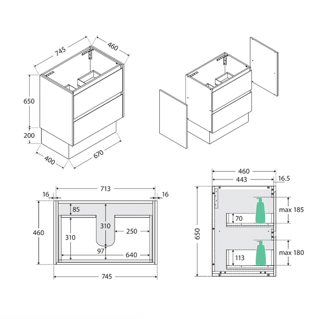 Fienza Amato Industrial 750 Cabinet on Kickboard, Solid Panels, Bevelled Edge ,