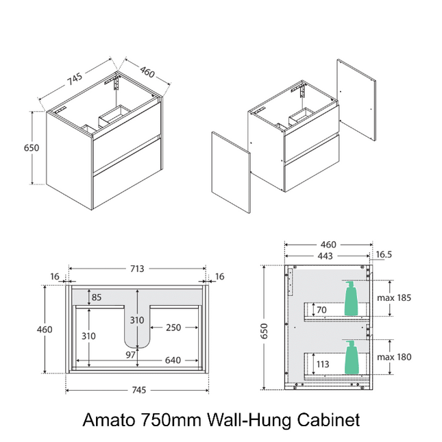 Fienza Amato Satin Black 750 Wall Hung Cabinet, Solid Panels, Bevelled Edge ,