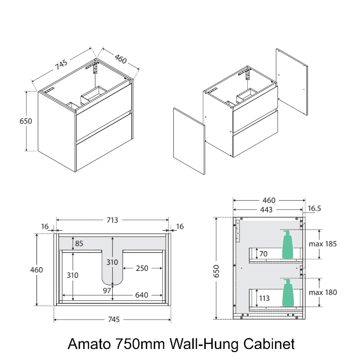 Fienza Amato Scandi Oak 750 Wall Hung Cabinet, Solid Panels, Bevelled Edge ,