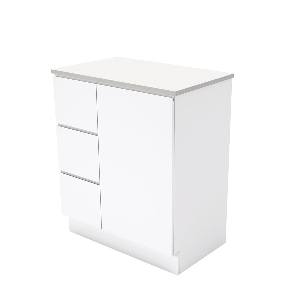Fienza Fingerpull Gloss White 750 Cabinet on Kickboard, Solid Door , Cabinet Only Left Hand Drawer
