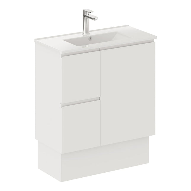 Fienza Siska Slim 750 Satin White Vanity on Kickboard, Left Drawers, With Overflow ,